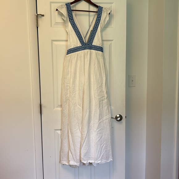 JCREW WOMENS MAXI LENGTH LINEN COTTON BLEND PLUNGE V NECK DRESS WHITE BLUE LARGE - Picture 5 of 10